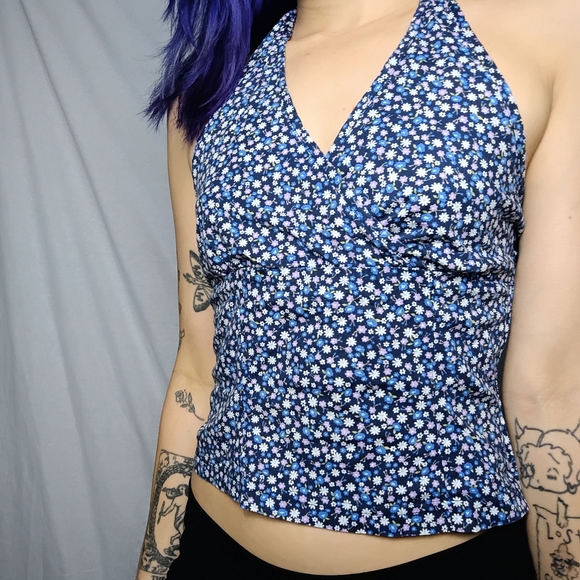 Floral Blue Halter Top - Picture 1 of 3